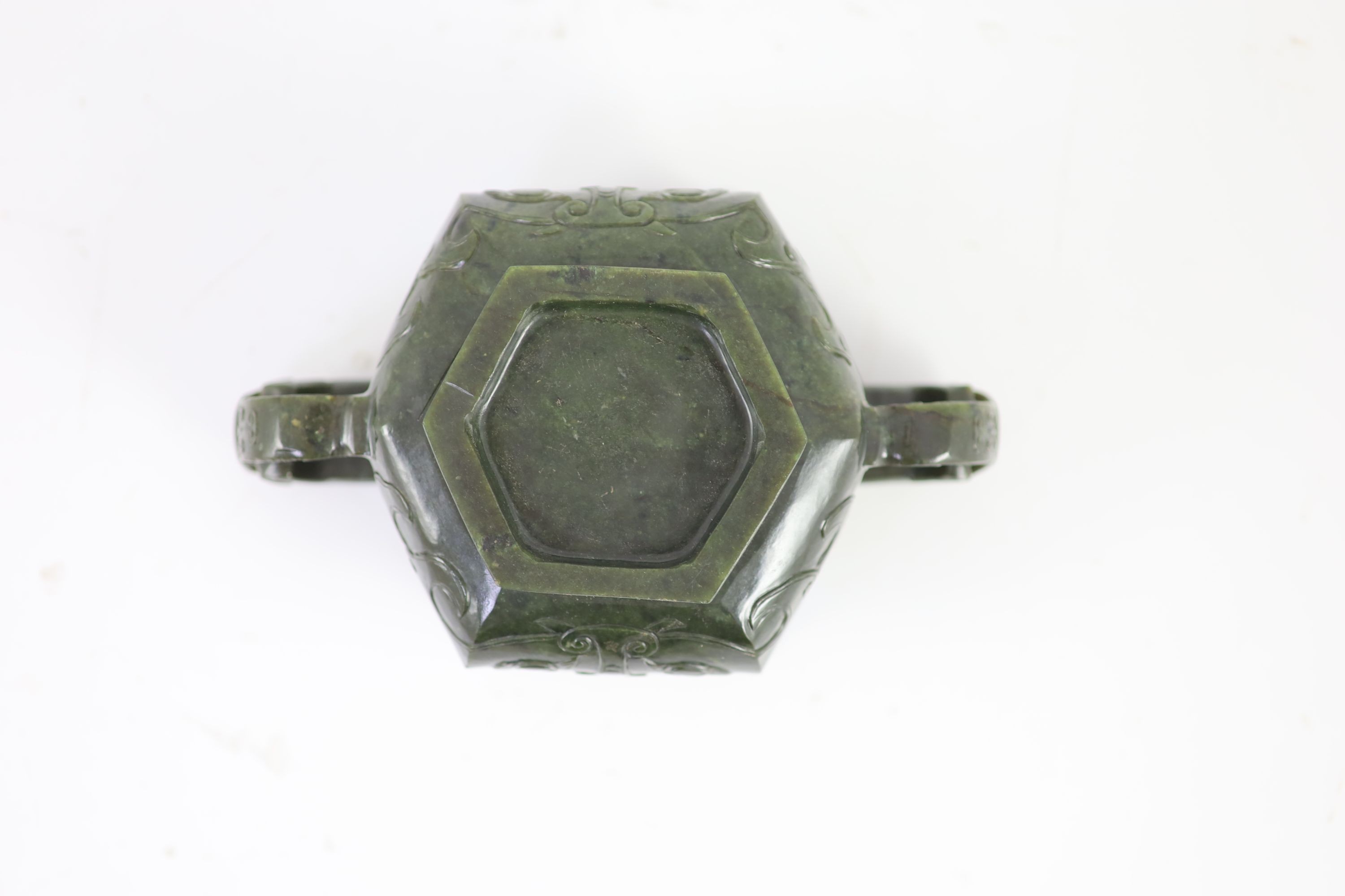 A Chinese archaistic spinach green jade hexagonal censer, 19th century, 17.5cm wide